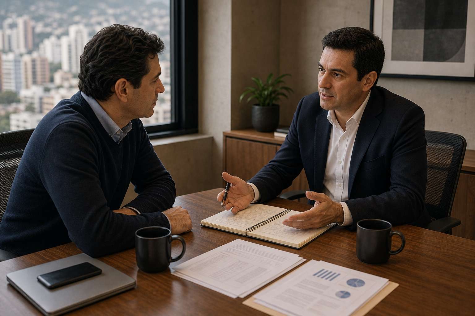Dos socios conversando para recuperar acuerdos y claridad en su empresa