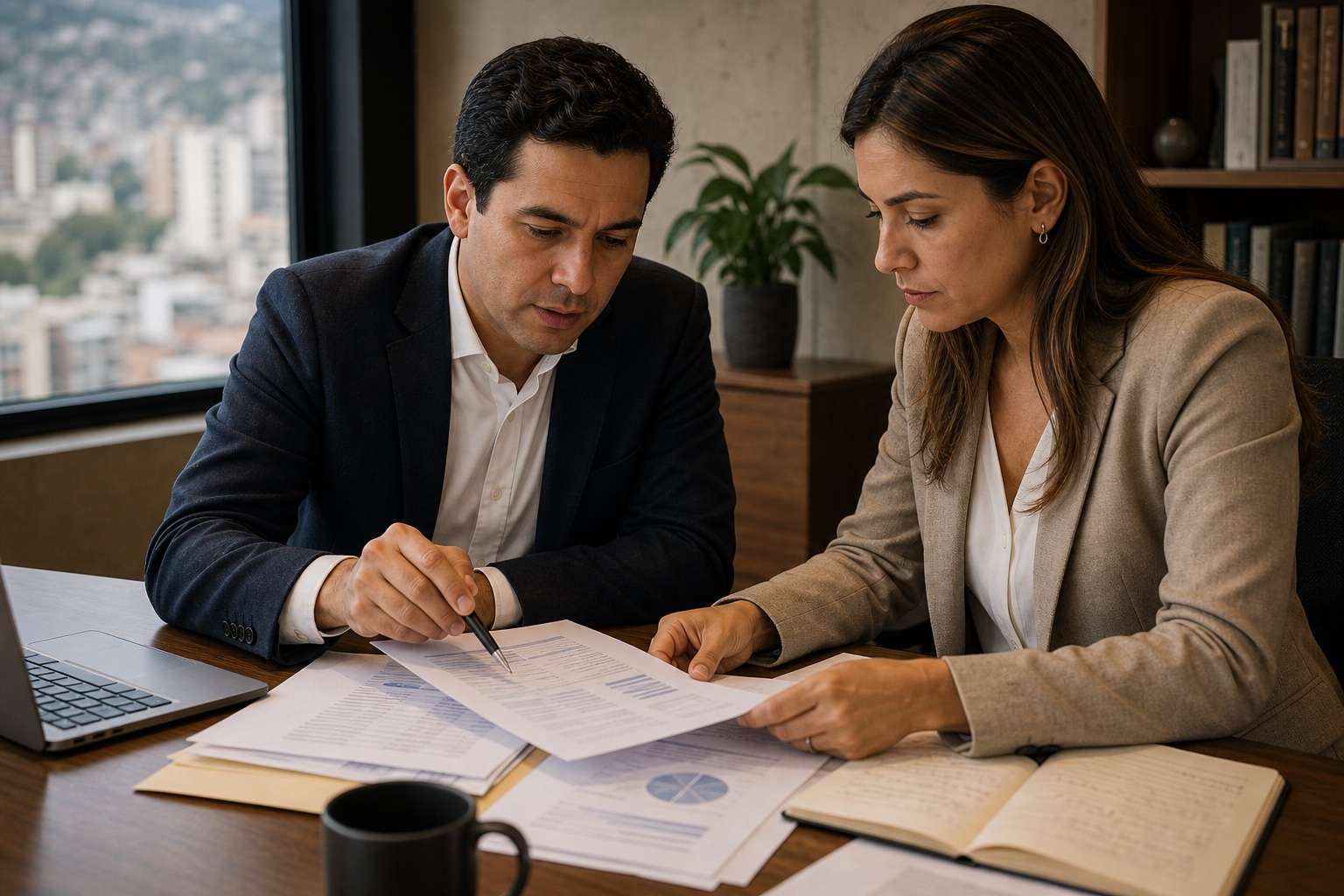 Abogado y contador revisando documentos financieros para solicitud de insolvencia empresarial
