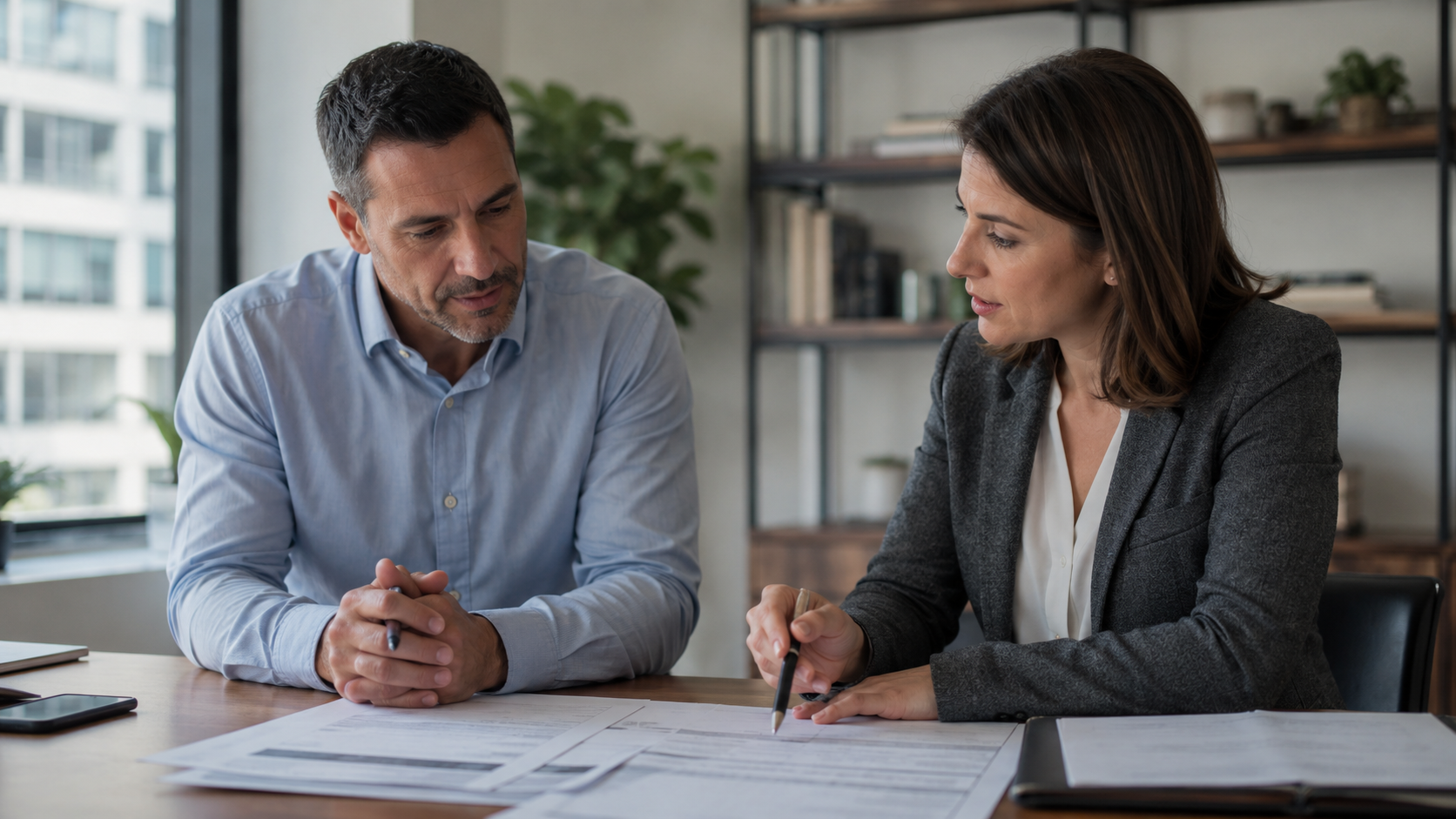Abogado y empresario evaluando opciones sobre una declaración tributaria.