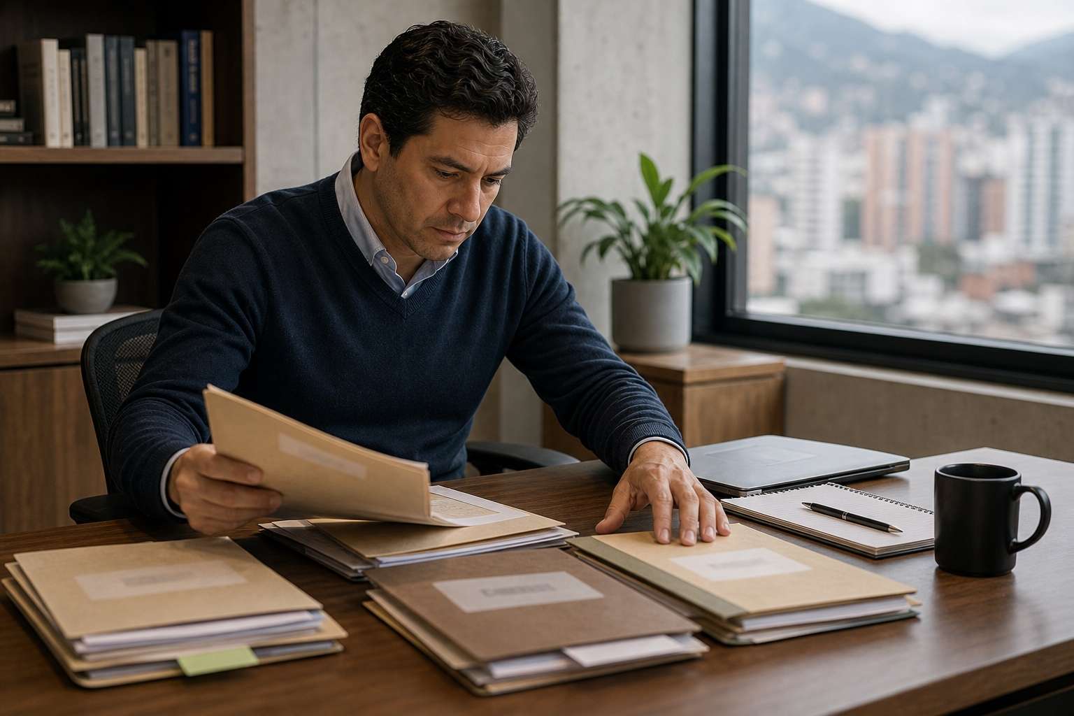 Empresario revisando deudas y acreedores durante un proceso de reorganización empresarial en Colombia
