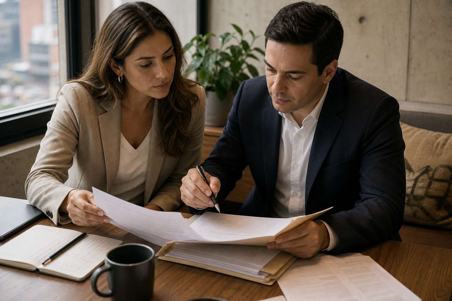 Empresario y abogado revisando documentos para iniciar un proceso de reorganización empresarial en Colombia