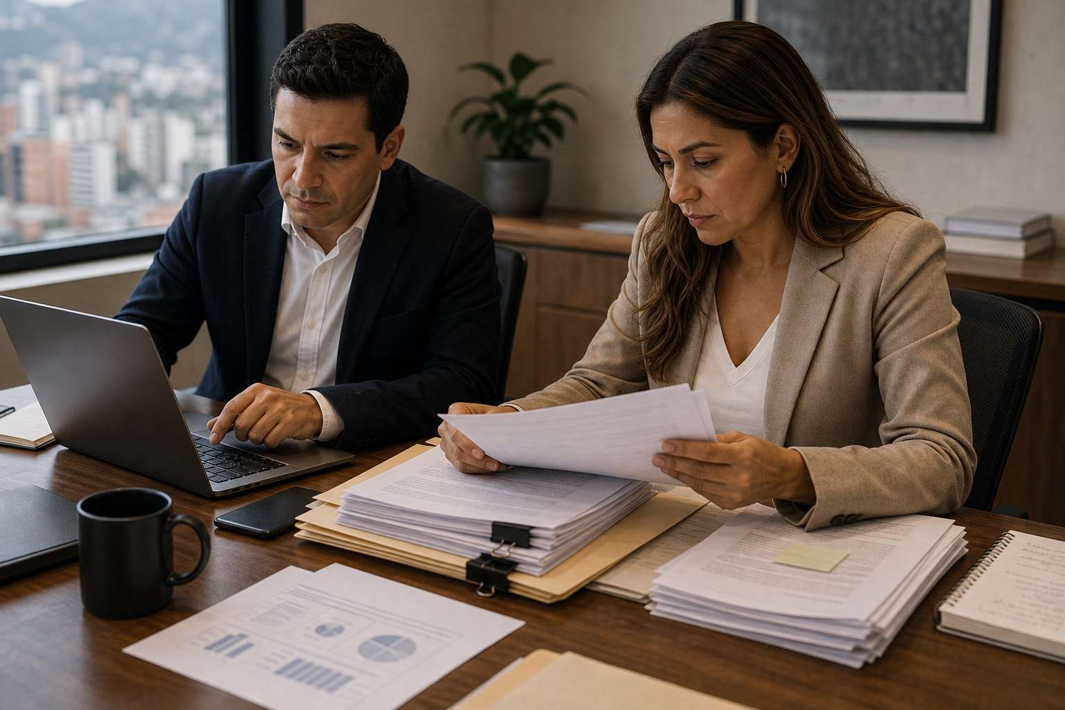 Abogado y empresario preparando documentos para reorganización o liquidación ante Supersociedades