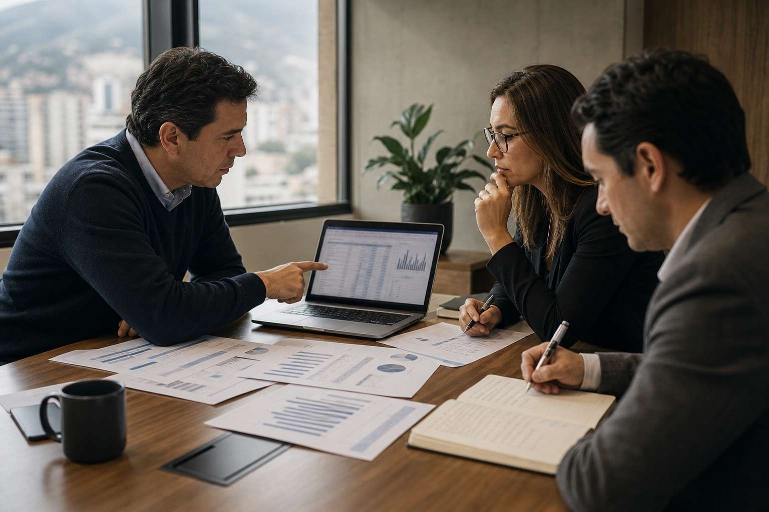 Equipo directivo revisando flujo de caja y deudas de una empresa en reorganización empresarial en Colombia
