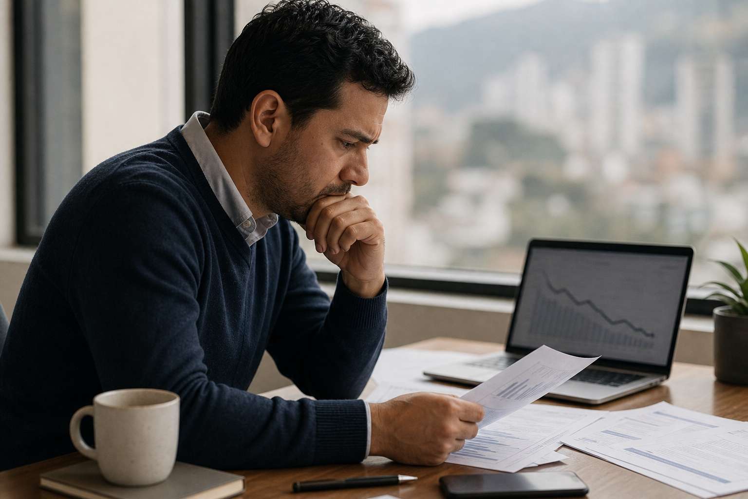 Empresario revisando señales de crisis financiera antes de solicitar reorganización empresarial